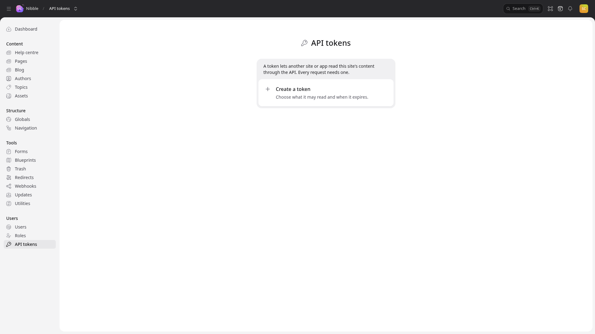 API tokens in the control panel