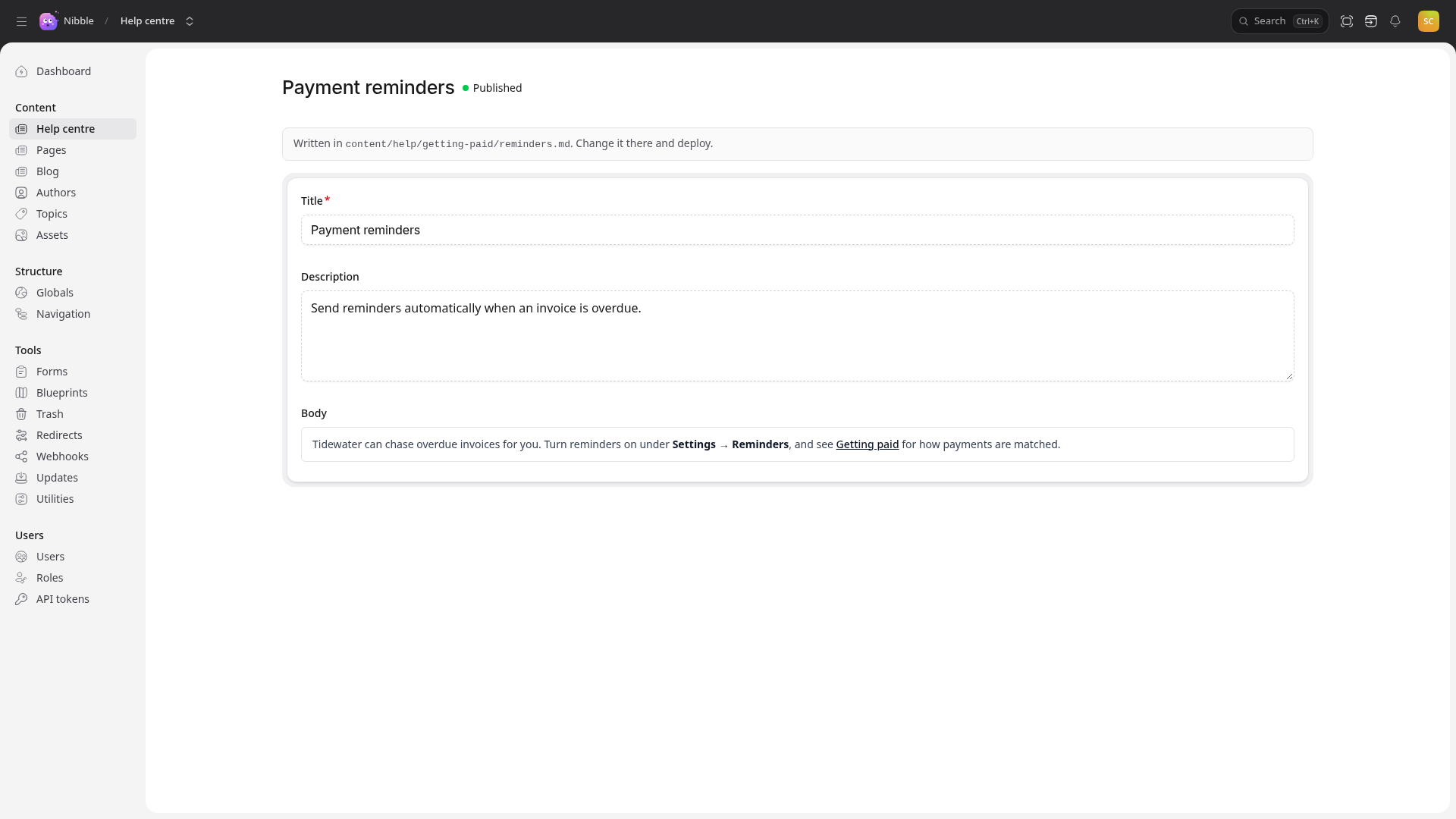 A help article open read-only, naming its file