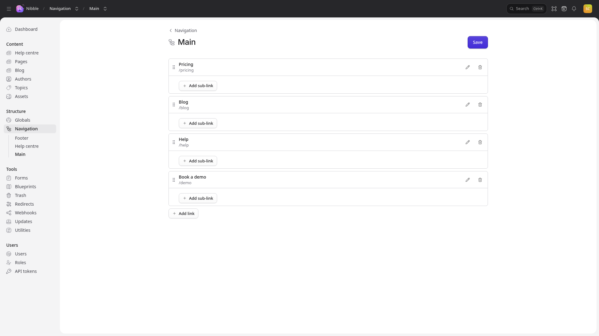 The main menu in the navigation editor