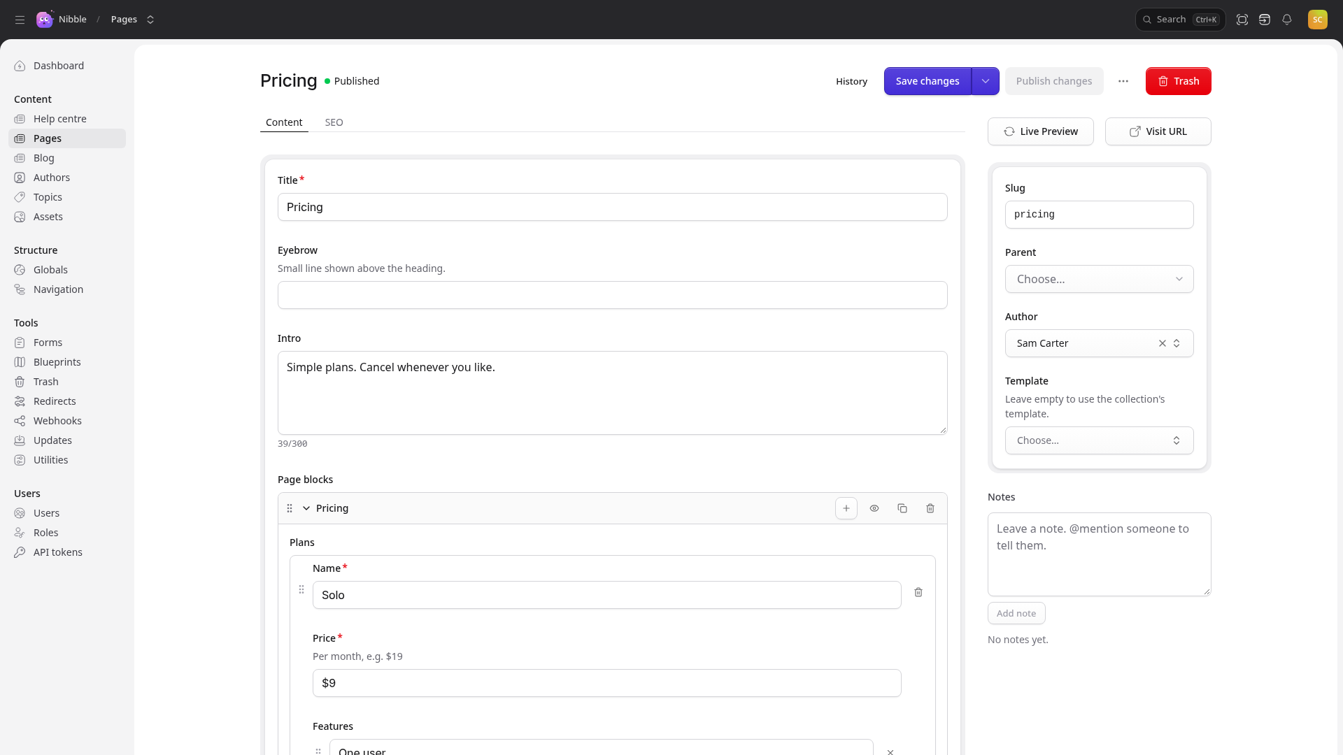 A page open in the editor: its fields and a pricing block, with the slug, parent, author and template in the column on the right