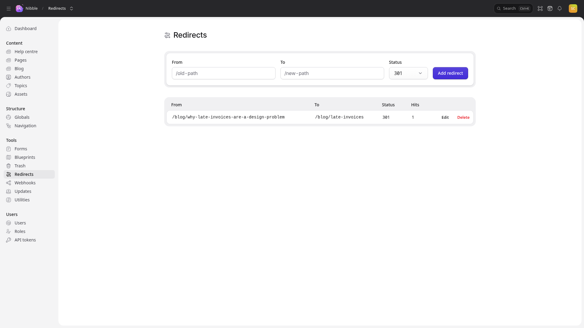 Redirects, with one recorded when a post’s slug changed
